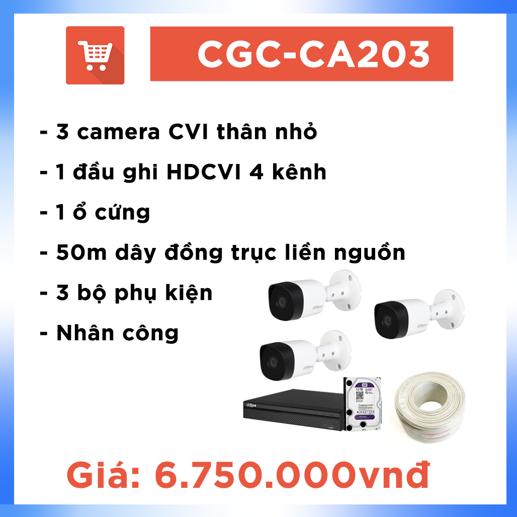 Bộ Camera Hệ CVI CGC-CA203 ( 3 camera + 50m dây )