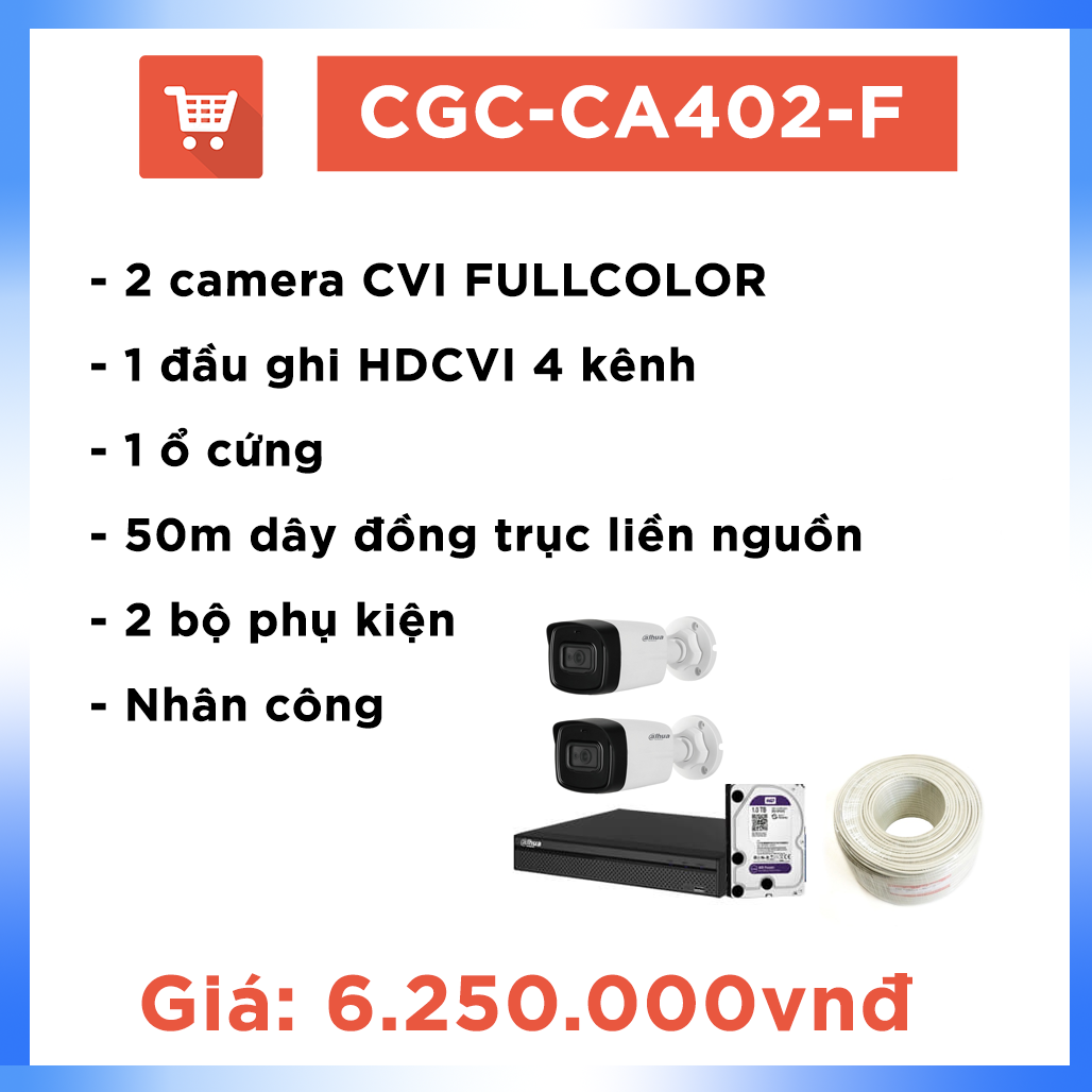 Bộ Camera Ao vườn Hệ CVI FULLCOLOR CGC-CA402-F ( 2 camera + 50m dây )