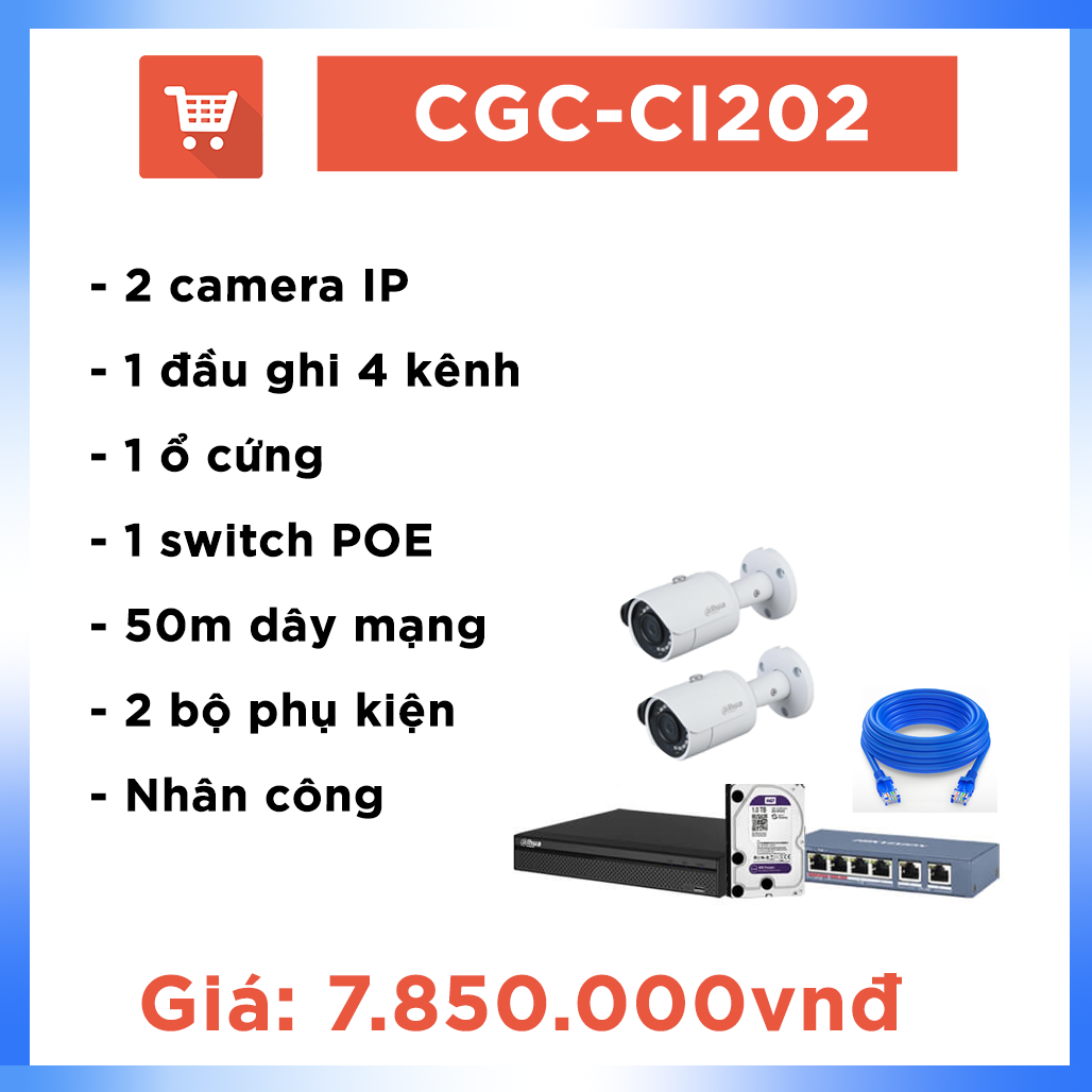 Bộ Camera Ao vườn Hệ IP CGC-CI202 ( 2 camera + 50m dây )