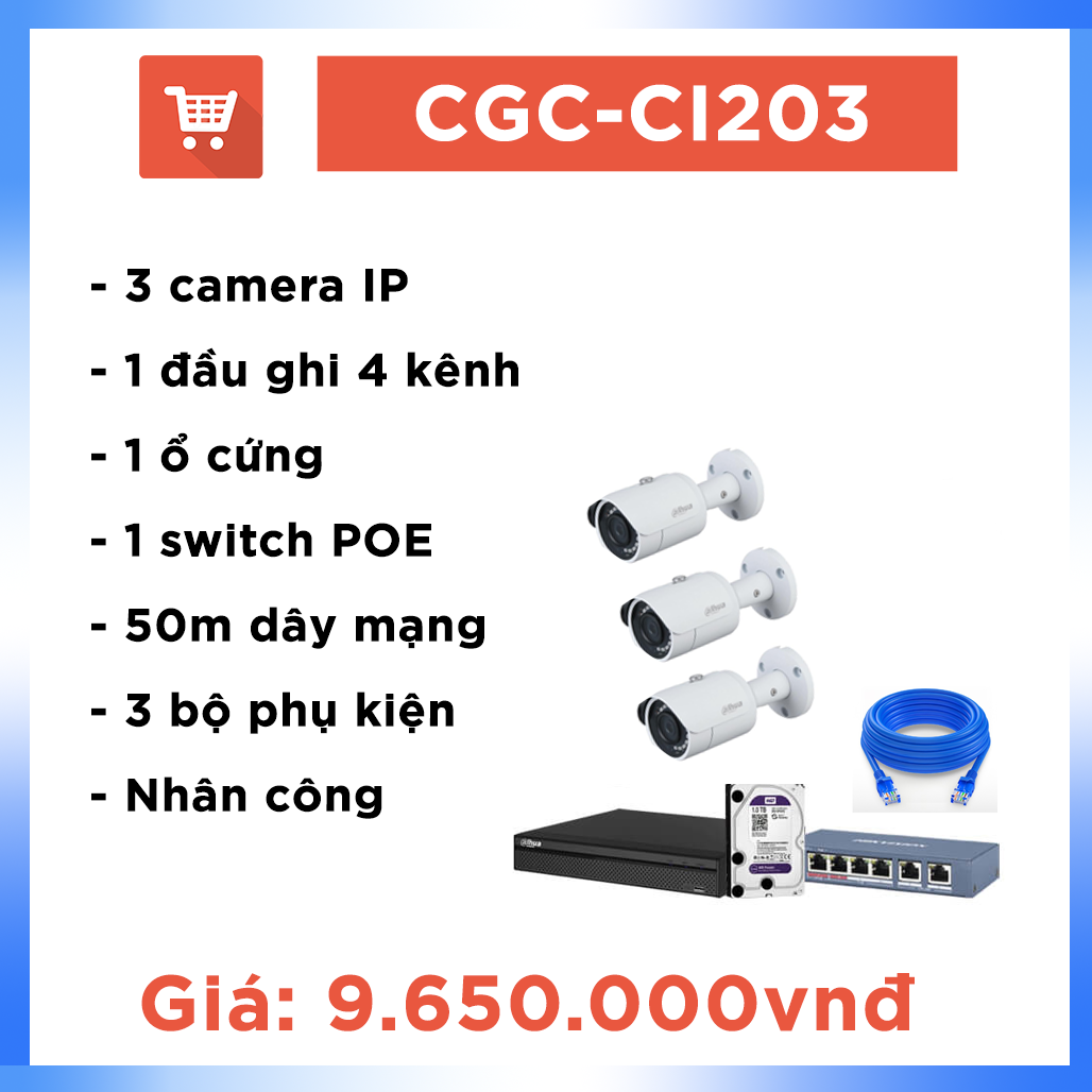 Bộ Camera Ao vườn Hệ IP CGC-CI203 ( 3 camera + 50m dây )
