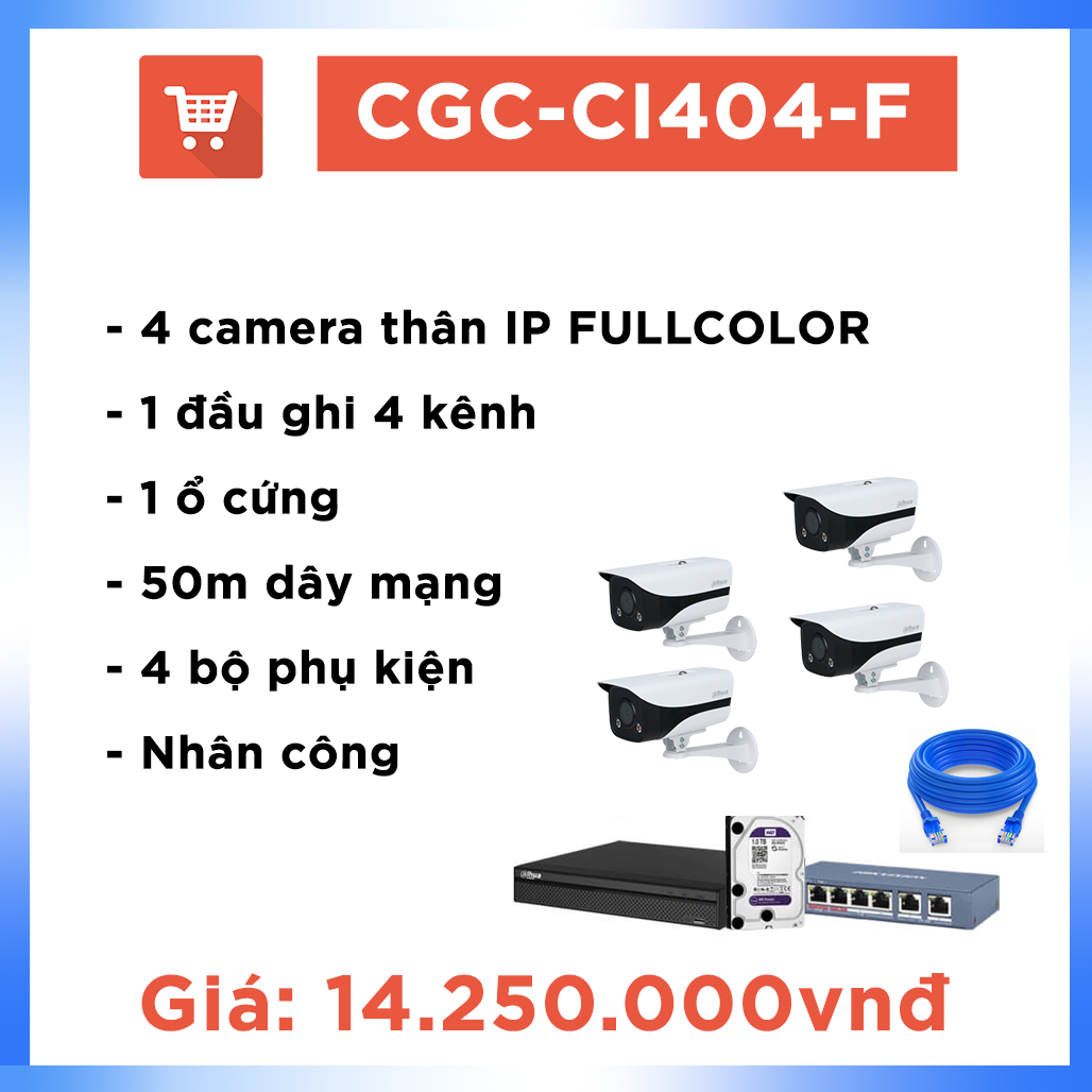 Bộ Camera Ao vườn Hệ IP FULLCOLOR CGC-CI404-F ( 4 camera + 50m dây )