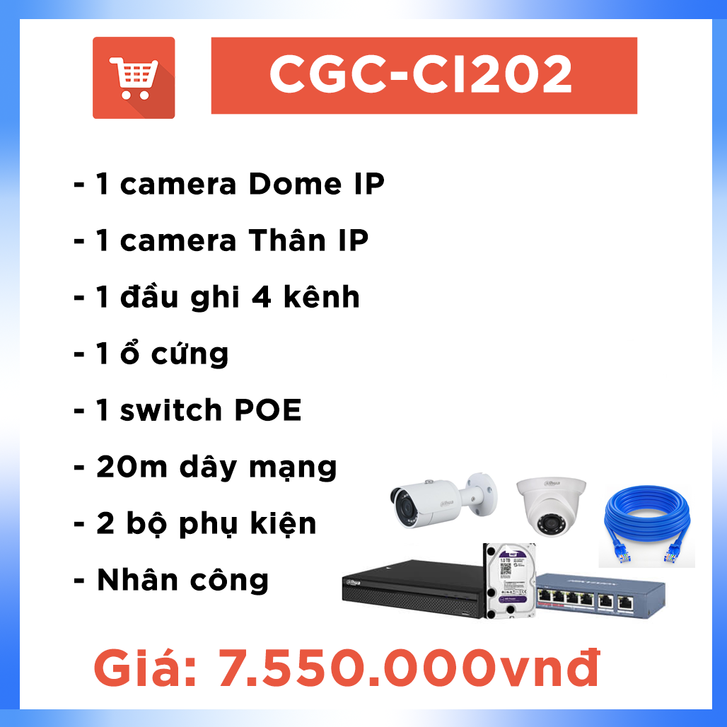 Bộ camera văn phòng hệ IP CGC – CA202 ( 2 cam + 20m dây)