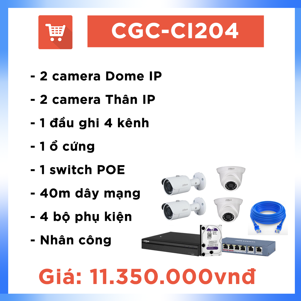 Bộ Camera Văn phòng IP CGC – CI204 ( 4 camera + 40m )