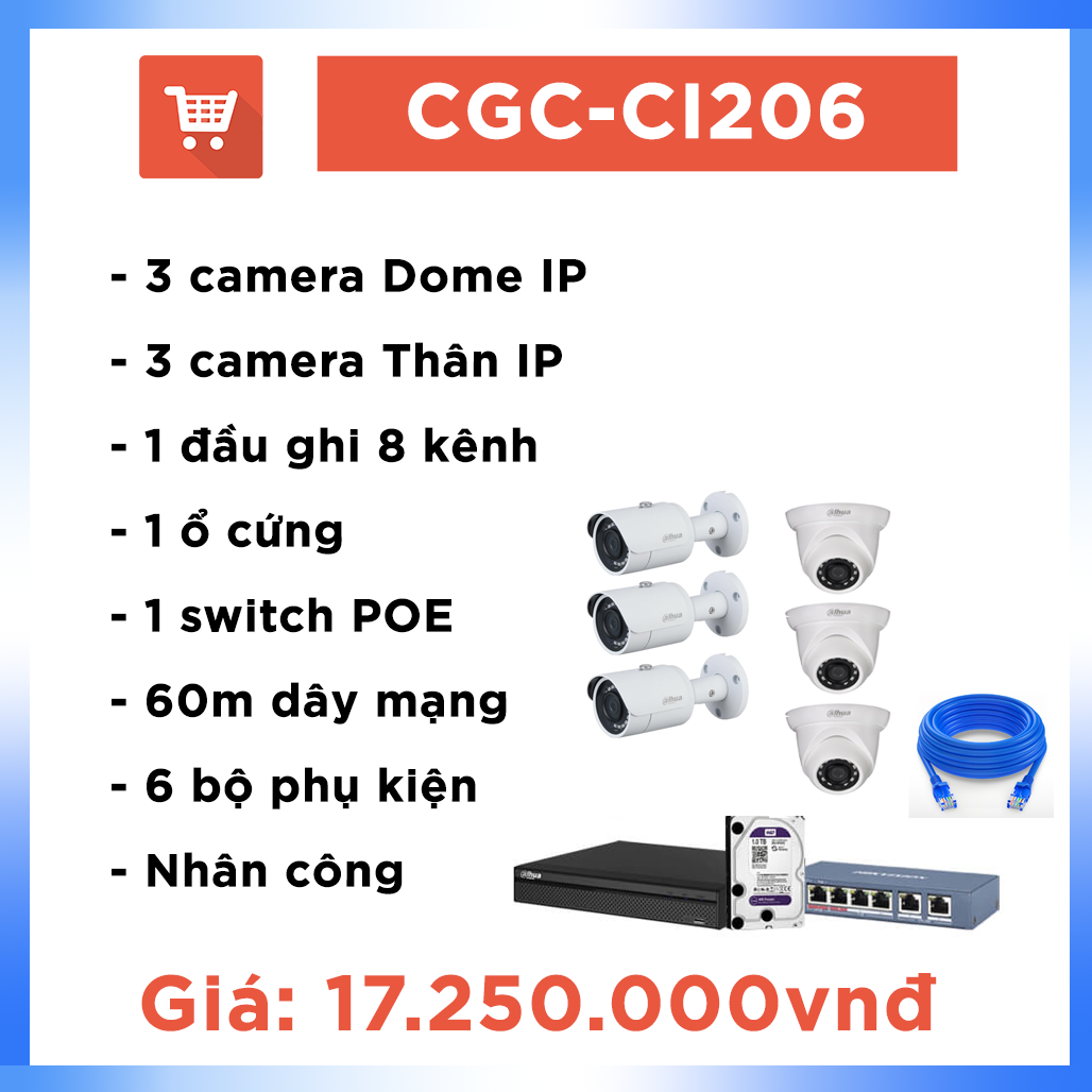 Bộ Camera Văn phòng IP CGC – CI206 ( 6 camera + 60m )