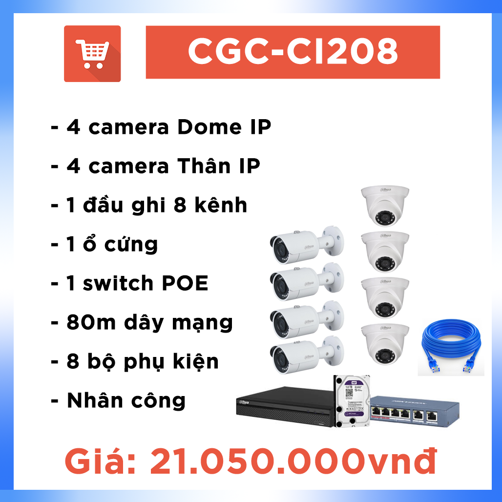 Bộ Camera Văn phòng IP CGC – CI208 ( 8 camera + 80m )